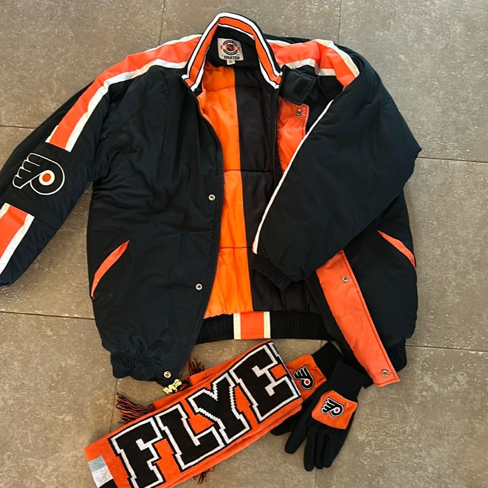 Philadelphia Flyers Hockey Starter Mens XL vintage winter jacket, scarf & gloves